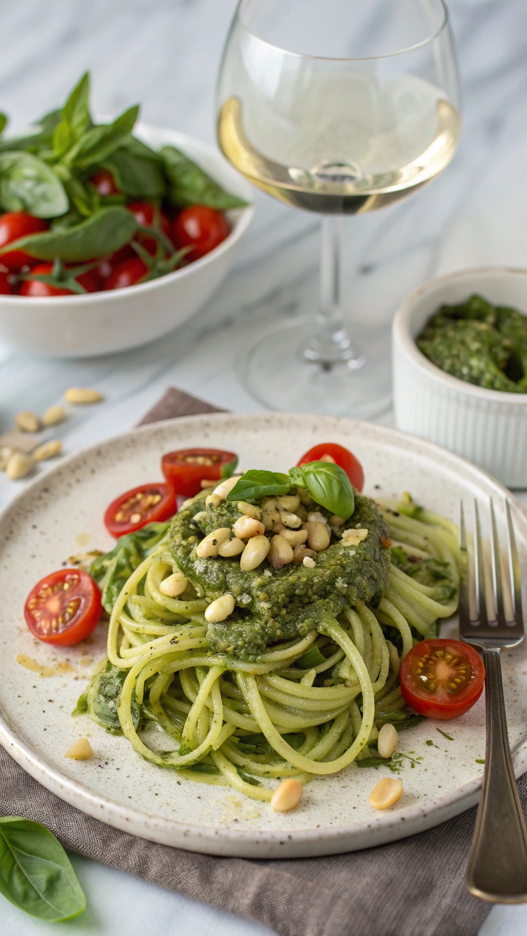 A plate of zucchini noodles topped with pesto, cherry tomatoes, and pine nuts, with a side salad and a glass of white wine.