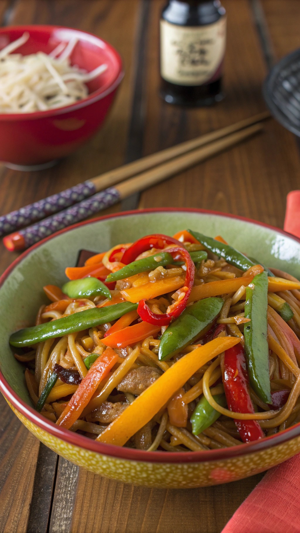 A colorful vegetable stir-fry with noodles in a bowl, featuring bell peppers, snap peas, and carrots.