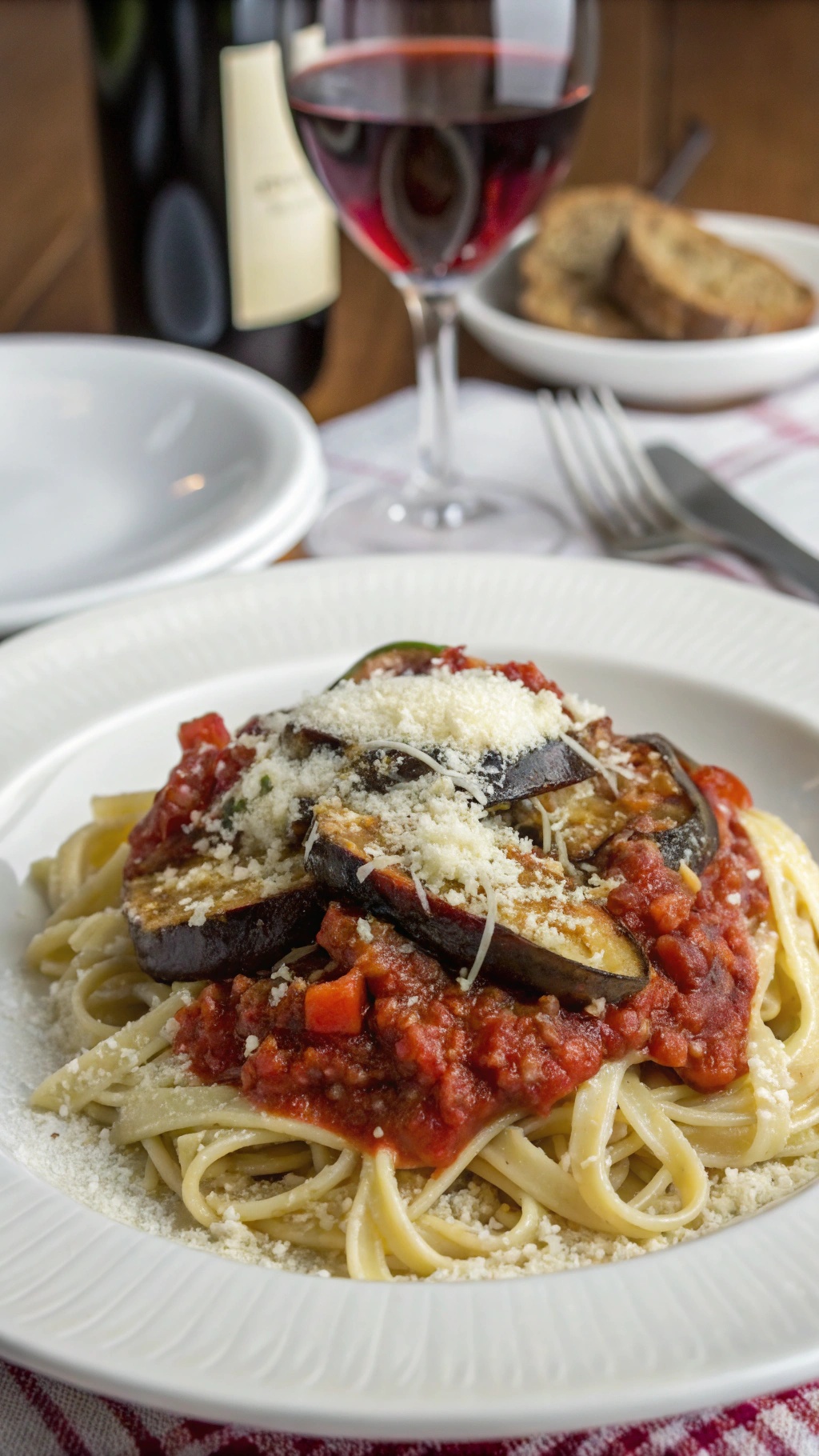 A plate of eggplant and tomato pasta topped with cheese, served with a glass of red wine.