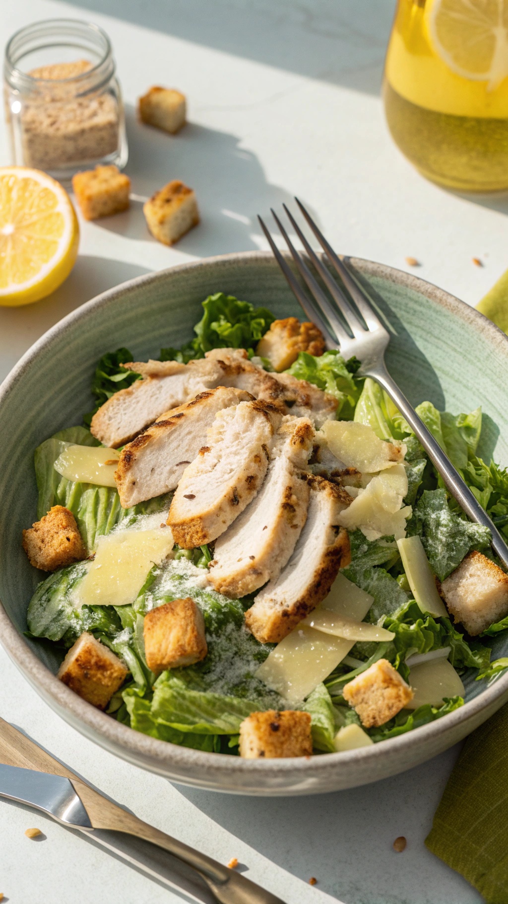 A bowl of Chicken Caesar Salad with grilled chicken, romaine lettuce, croutons, and lemon wedges.