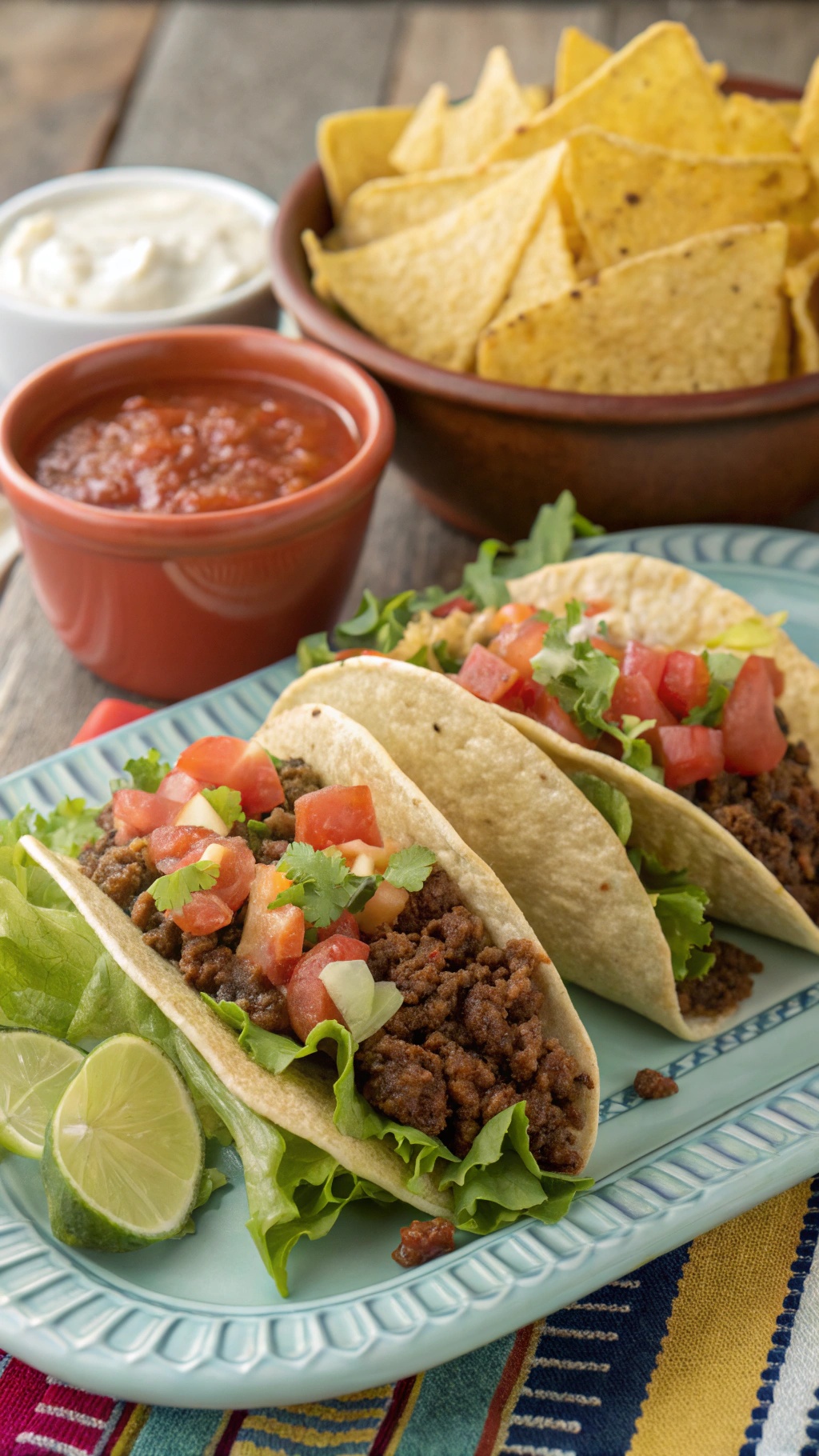 A plate of easy beef tacos with lettuce, tomatoes, and cilantro, served with salsa and tortilla chips.