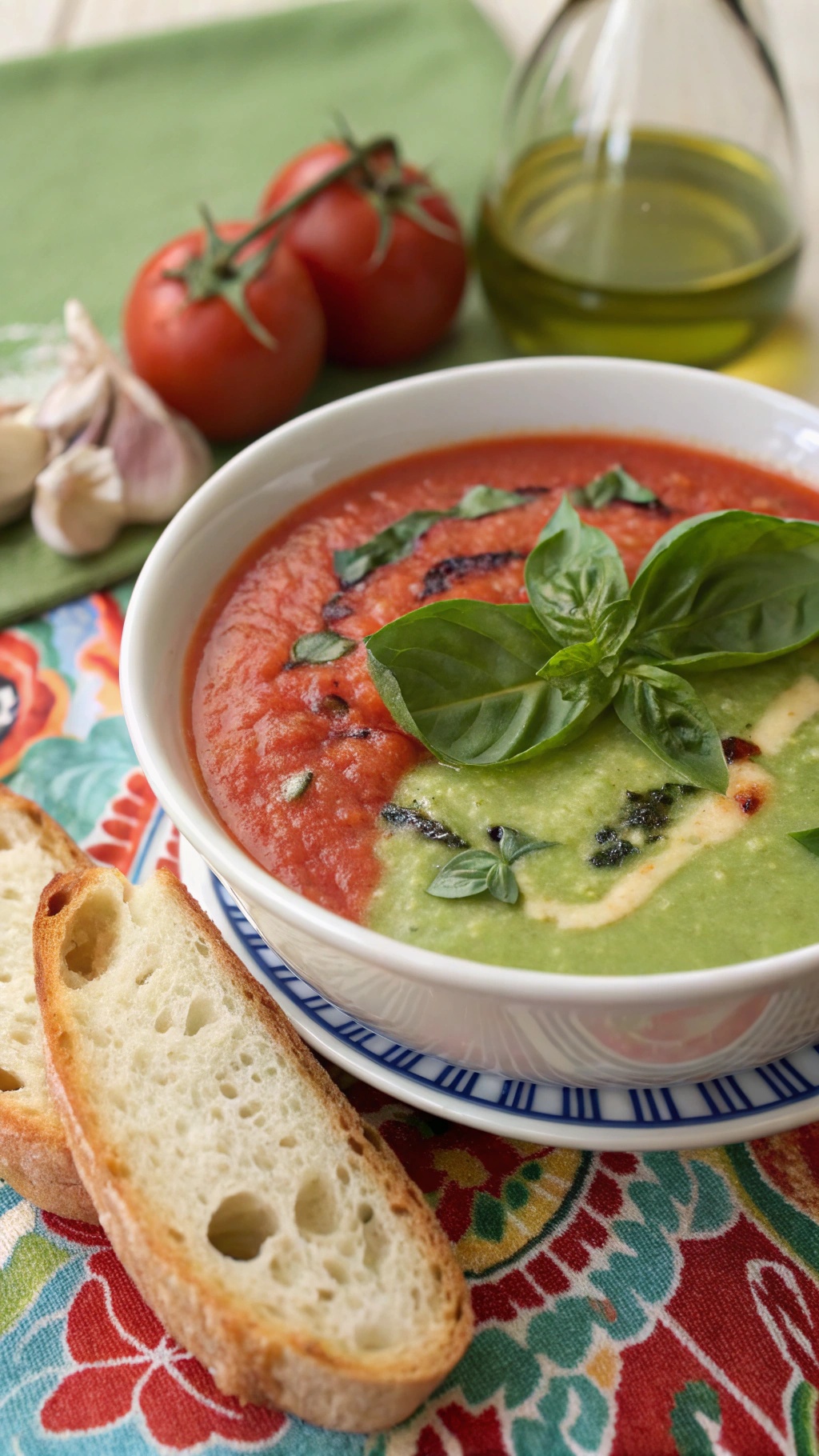 A bowl of zucchini and tomato soup garnished with basil, served with slices of bread.