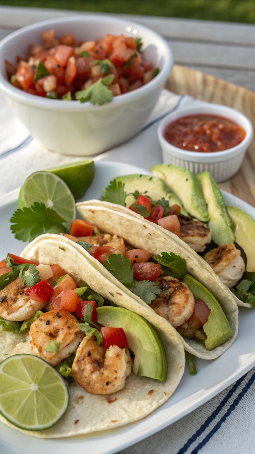 Shrimp tacos with fresh toppings and lime wedges