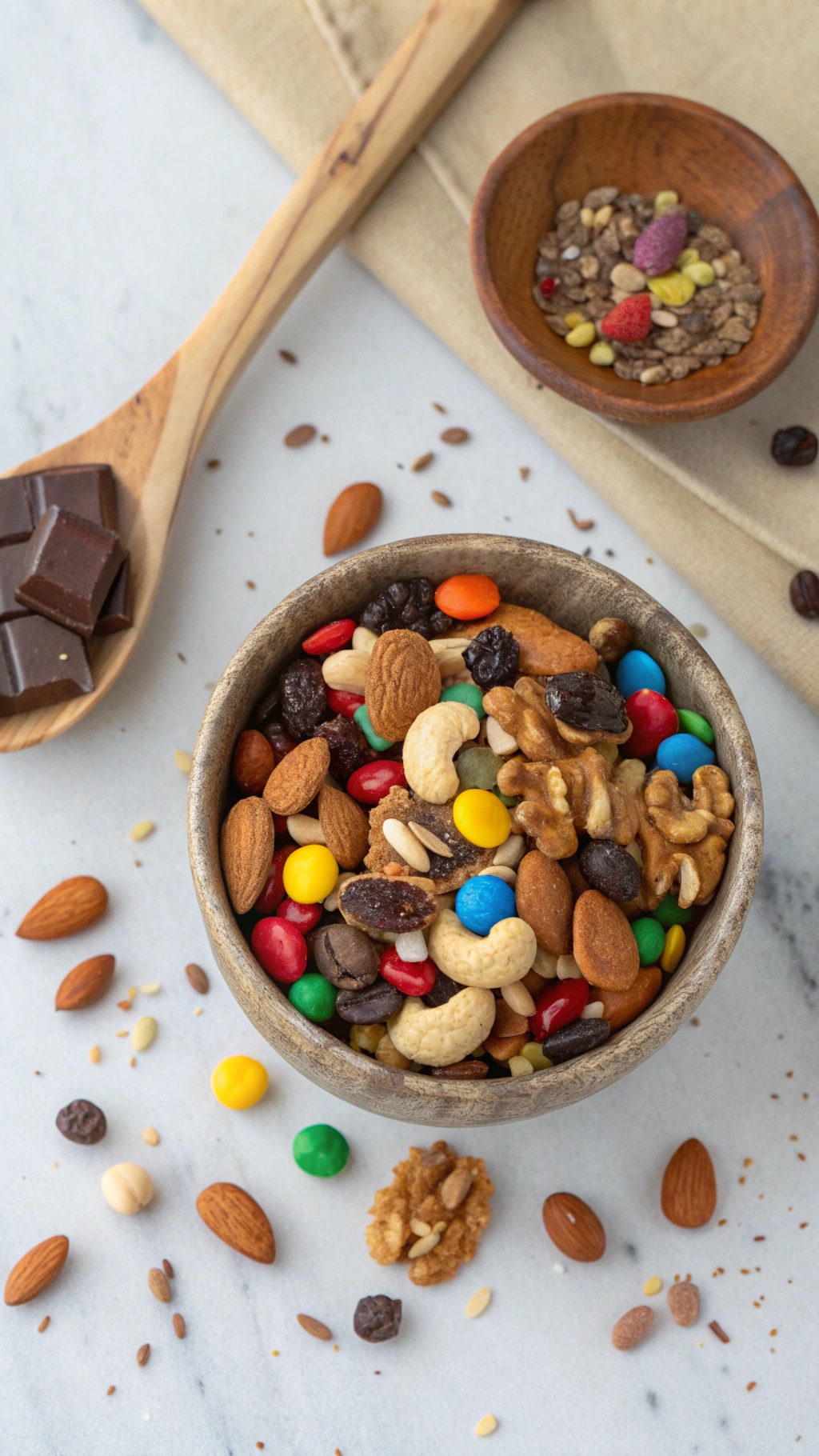 A bowl of colorful trail mix with nuts, seeds, and chocolate candies.