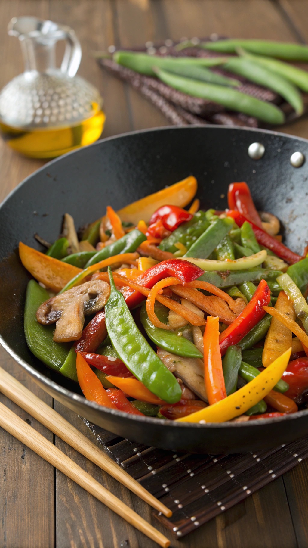 A colorful vegetable stir-fry in a black wok with bell peppers, snap peas, and mushrooms.