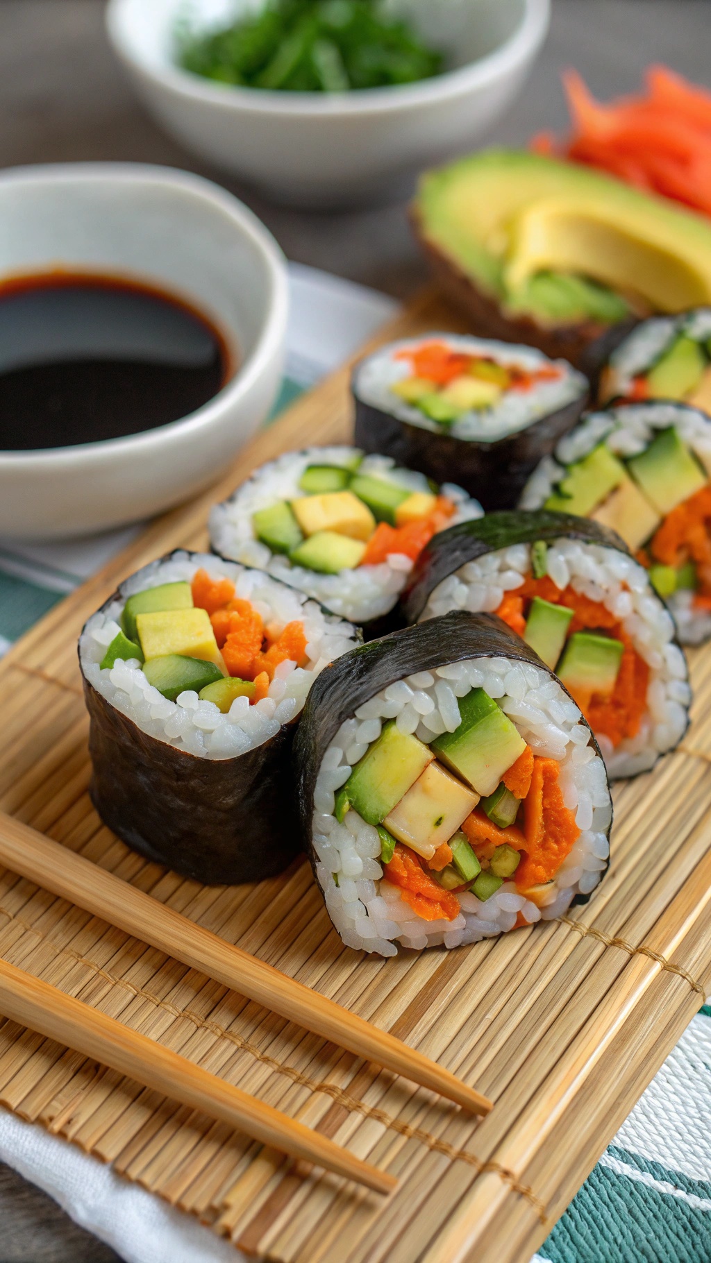 Veggie sushi rolls with colorful vegetables and soy sauce on a bamboo mat
