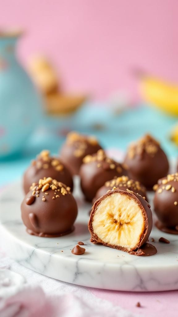 Chocolate-covered banana bites on a marble plate with a pink background