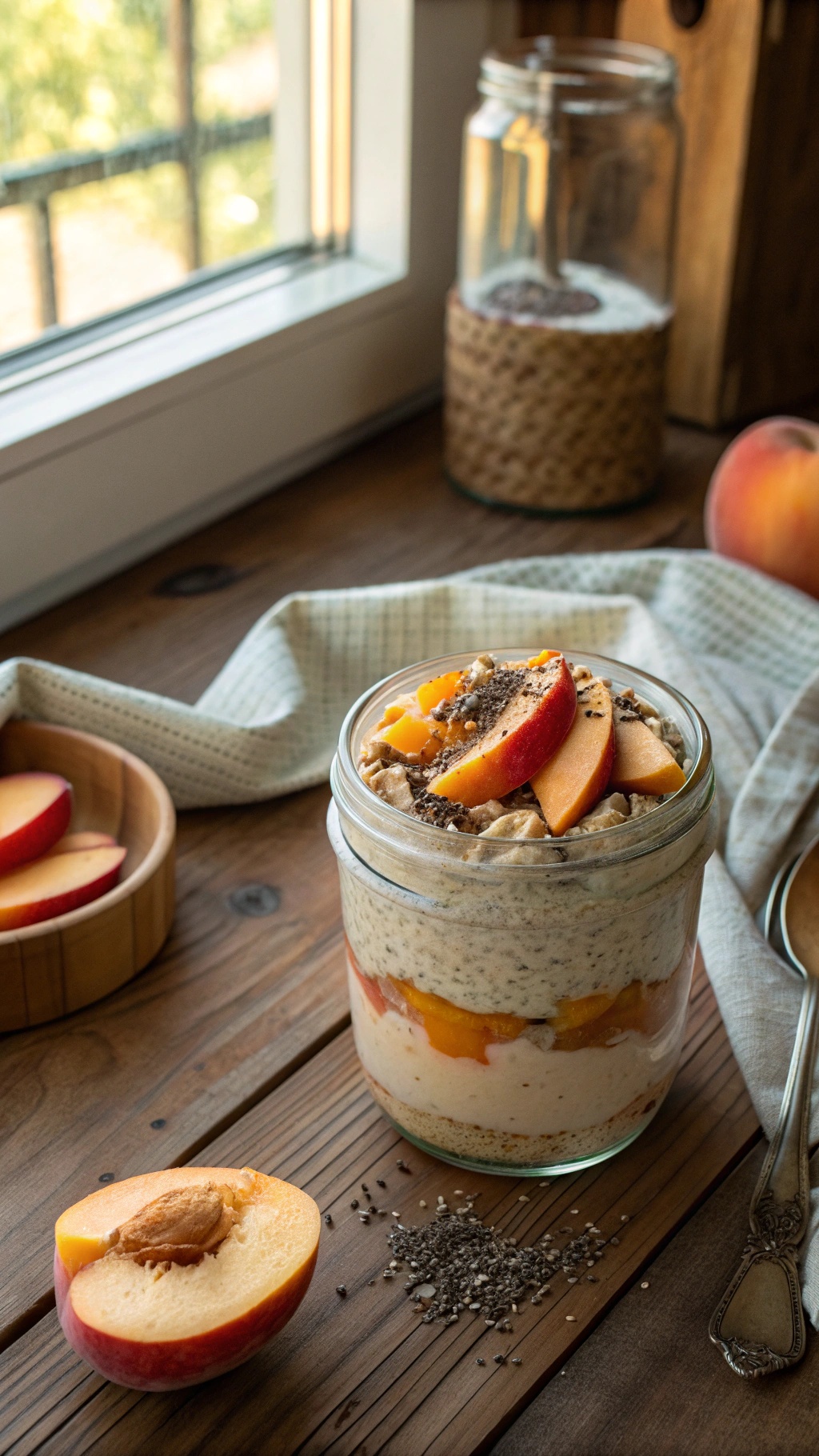 A jar of peach overnight oats topped with peach slices and chia seeds, with a fresh peach and a spoon beside it.