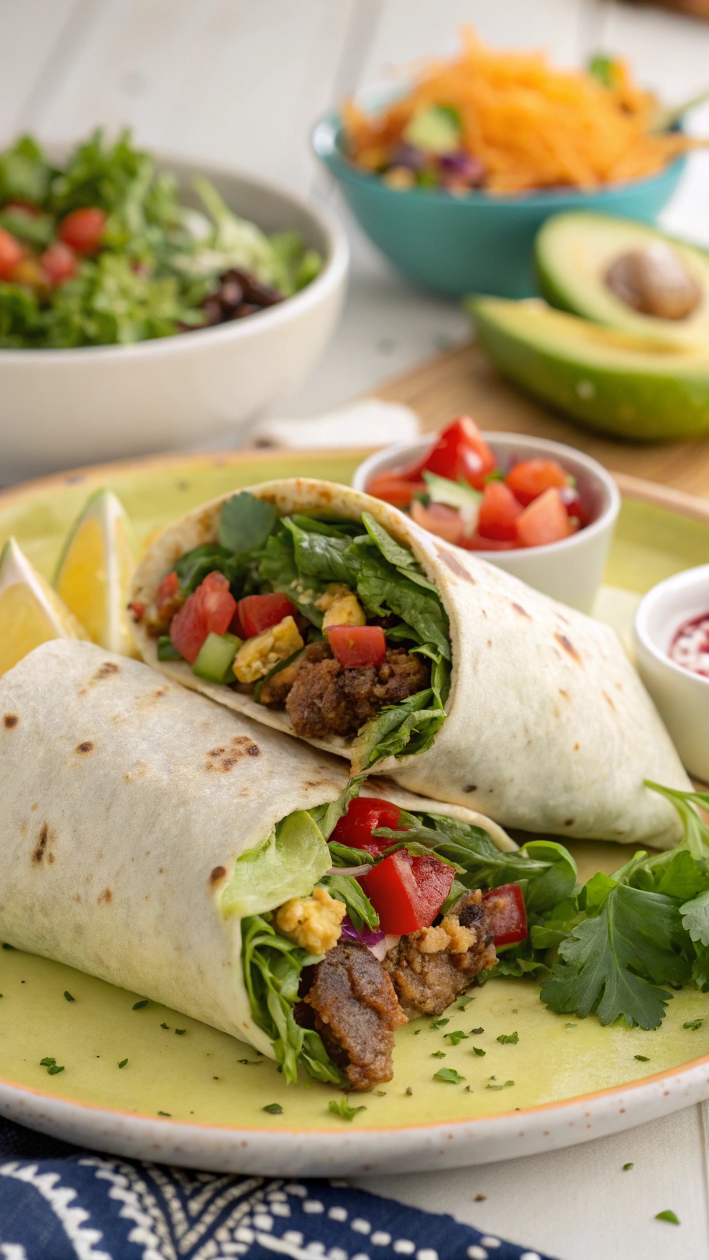 A delicious taco salad wrap filled with fresh ingredients, served with salsa and diced tomatoes on the side.