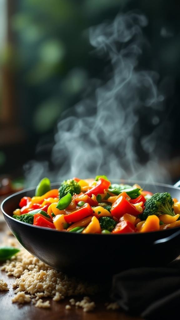 A steaming bowl of colorful vegetable stir-fry with broccoli, red and yellow bell peppers, and snap peas.