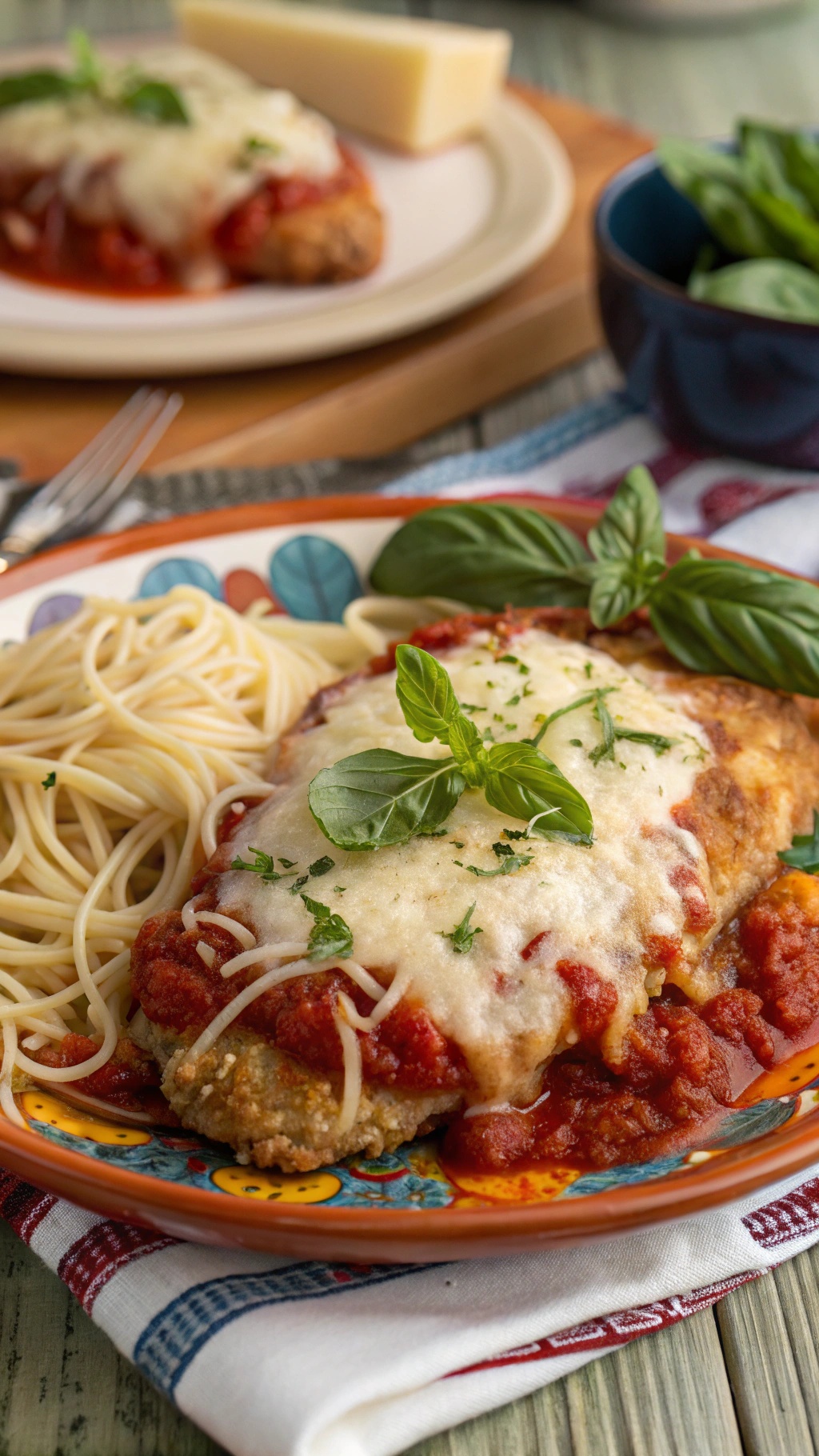 A plate of baked chicken parmesan with marinara sauce, melted cheese, and a side of spaghetti, garnished with fresh basil.