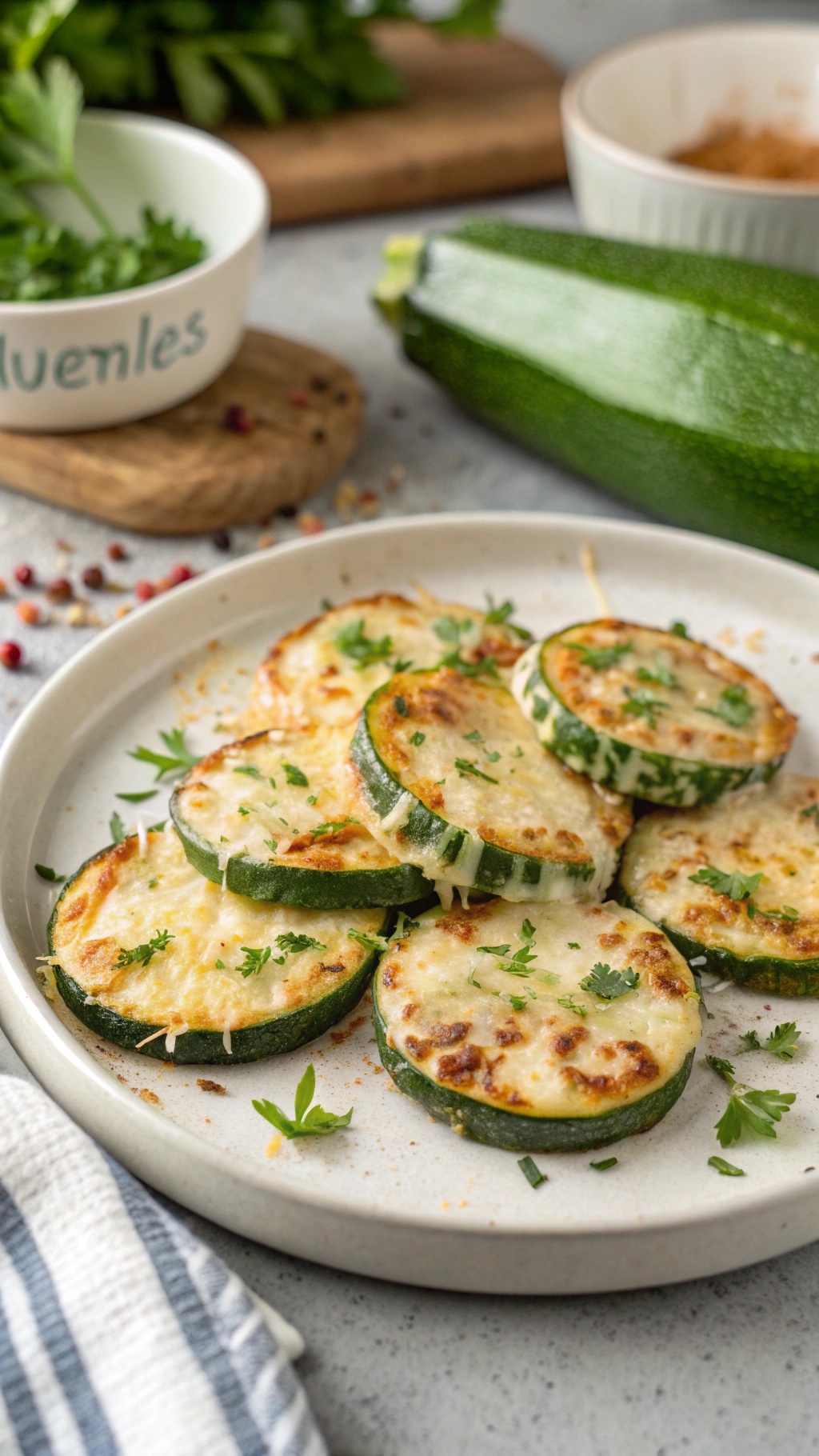 Baked Parmesan zucchini slices on a plate, garnished with herbs.