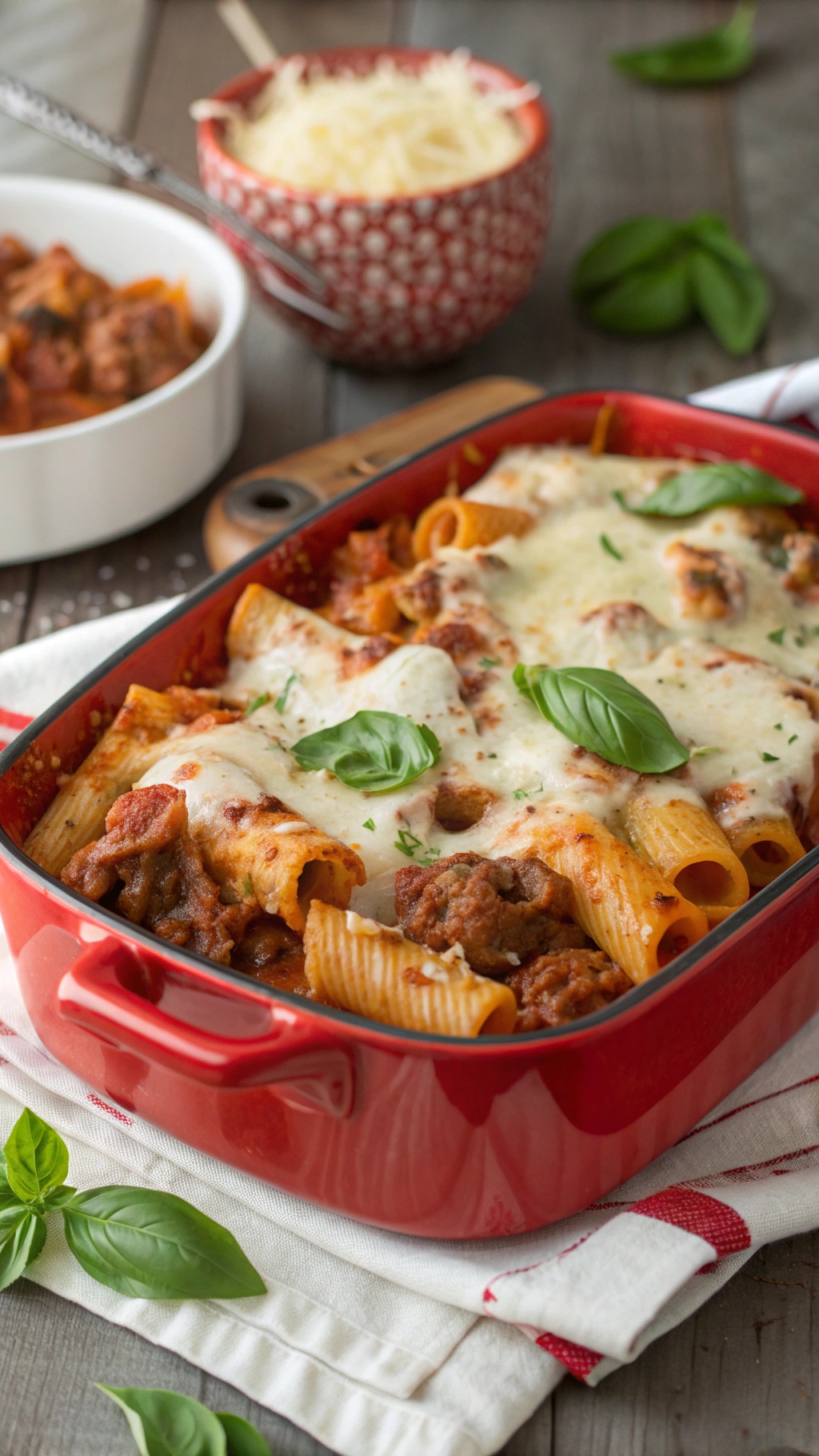 A red baking dish filled with baked ziti topped with melted cheese and fresh basil leaves.