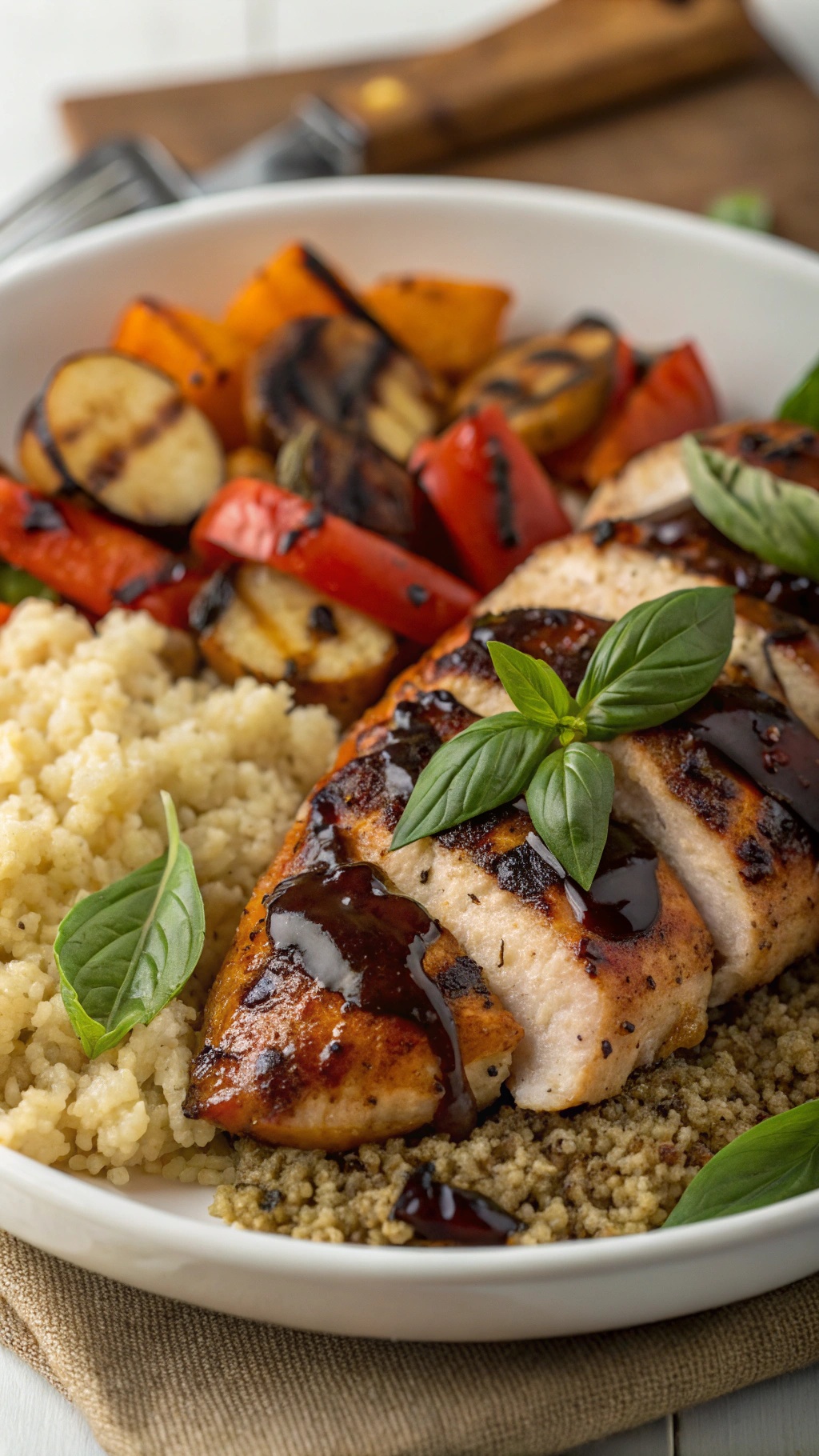 Grilled balsamic chicken served with couscous and grilled vegetables