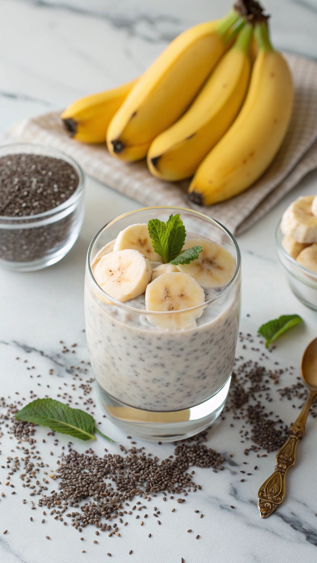 A glass of banana chia seed pudding topped with banana slices and mint, with chia seeds and bananas in the background.