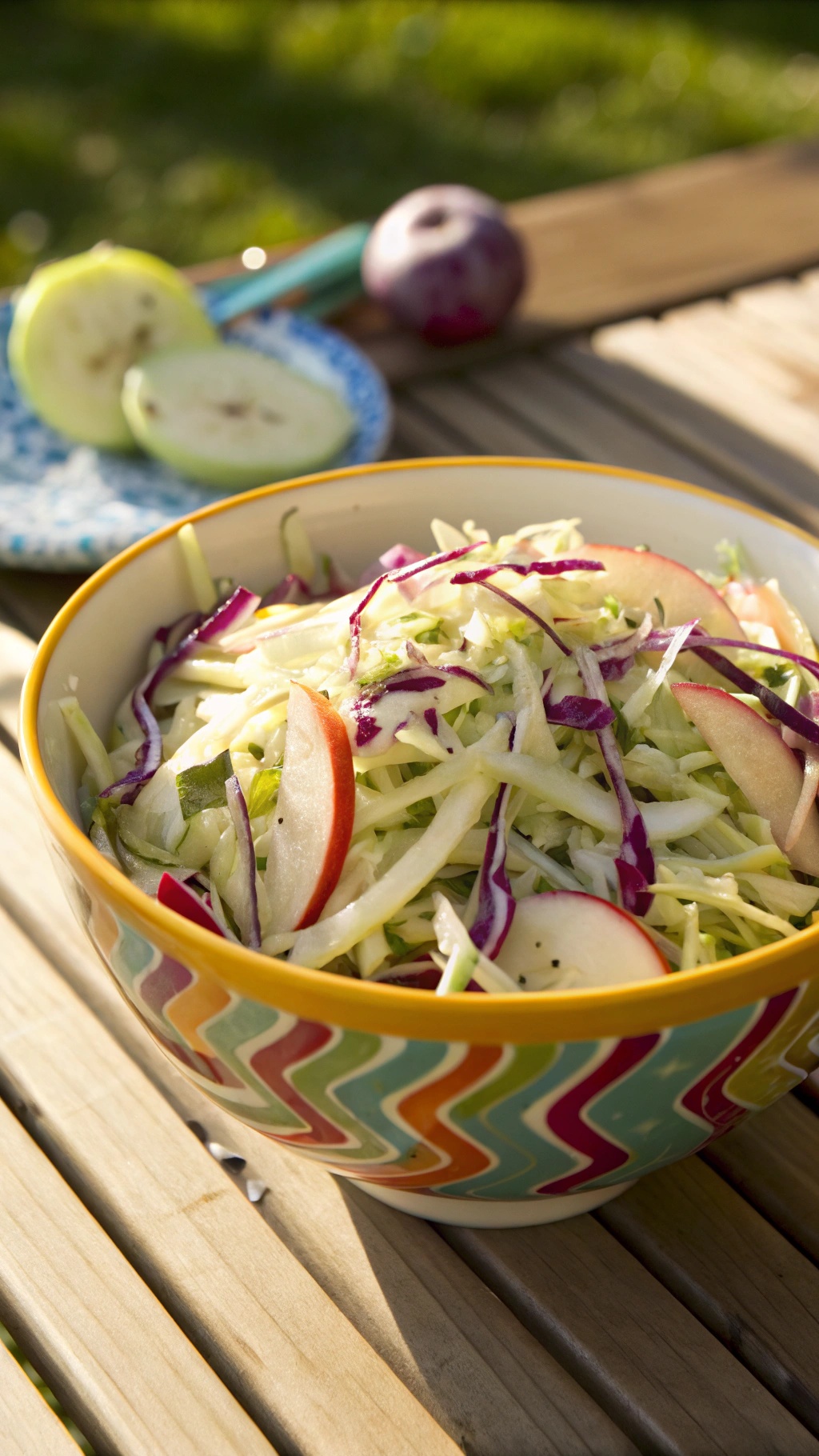 A colorful bowl of cabbage and apple slaw with slices of apple in the background.