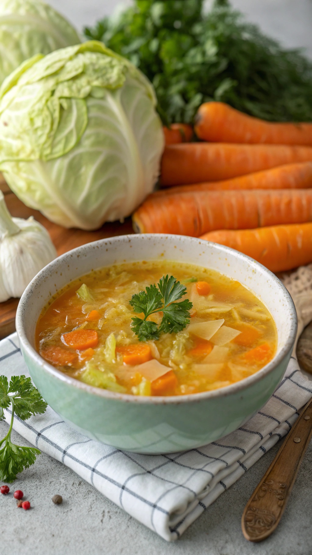 A bowl of cabbage and carrot soup with fresh ingredients in the background.