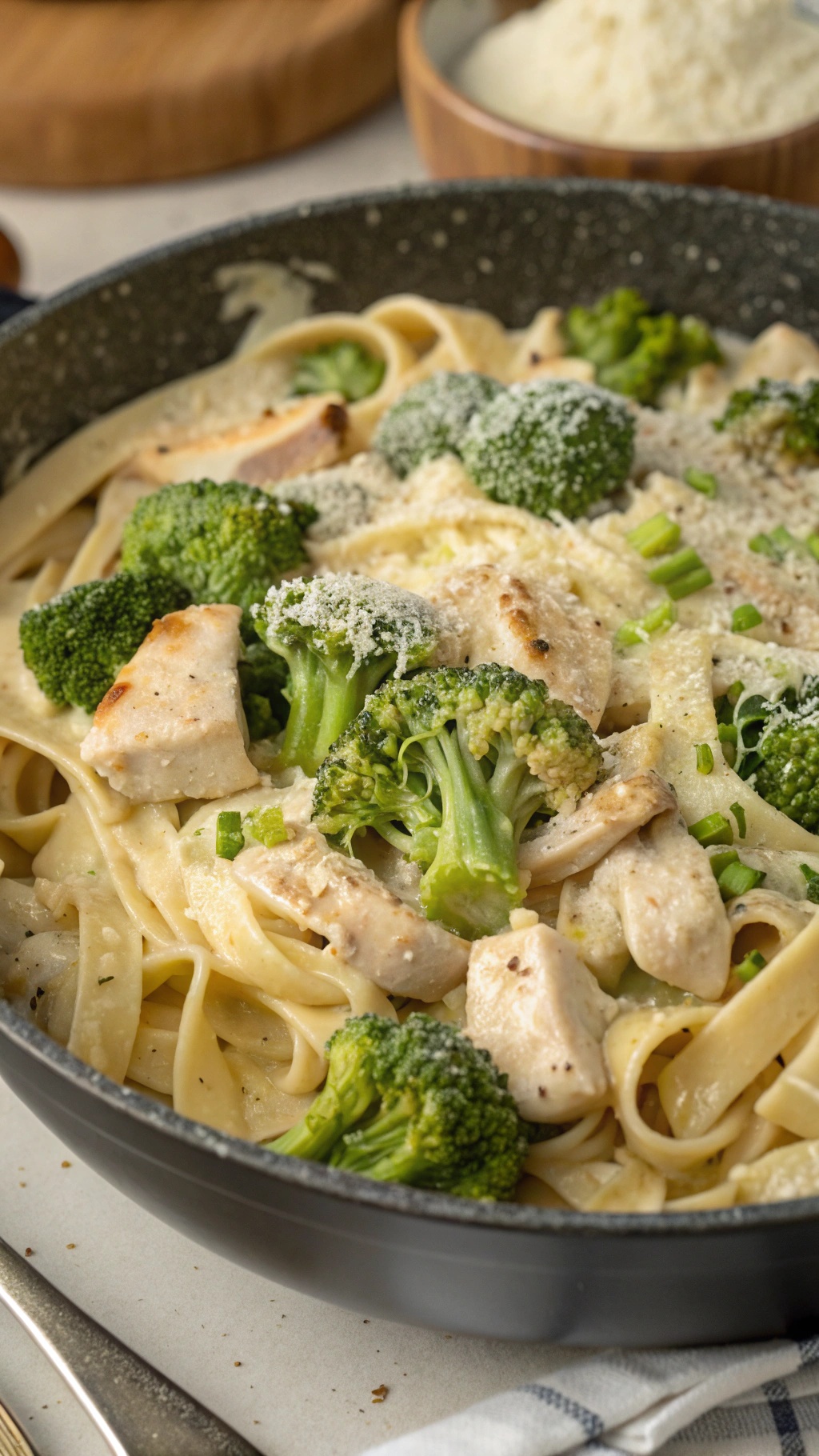 A bowl of Chicken and Broccoli Alfredo with fettuccine pasta, broccoli, and diced chicken, topped with Parmesan cheese.