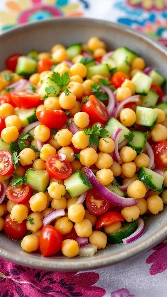 A colorful chickpea salad with cherry tomatoes, cucumbers, red onions, and cilantro in a bowl.