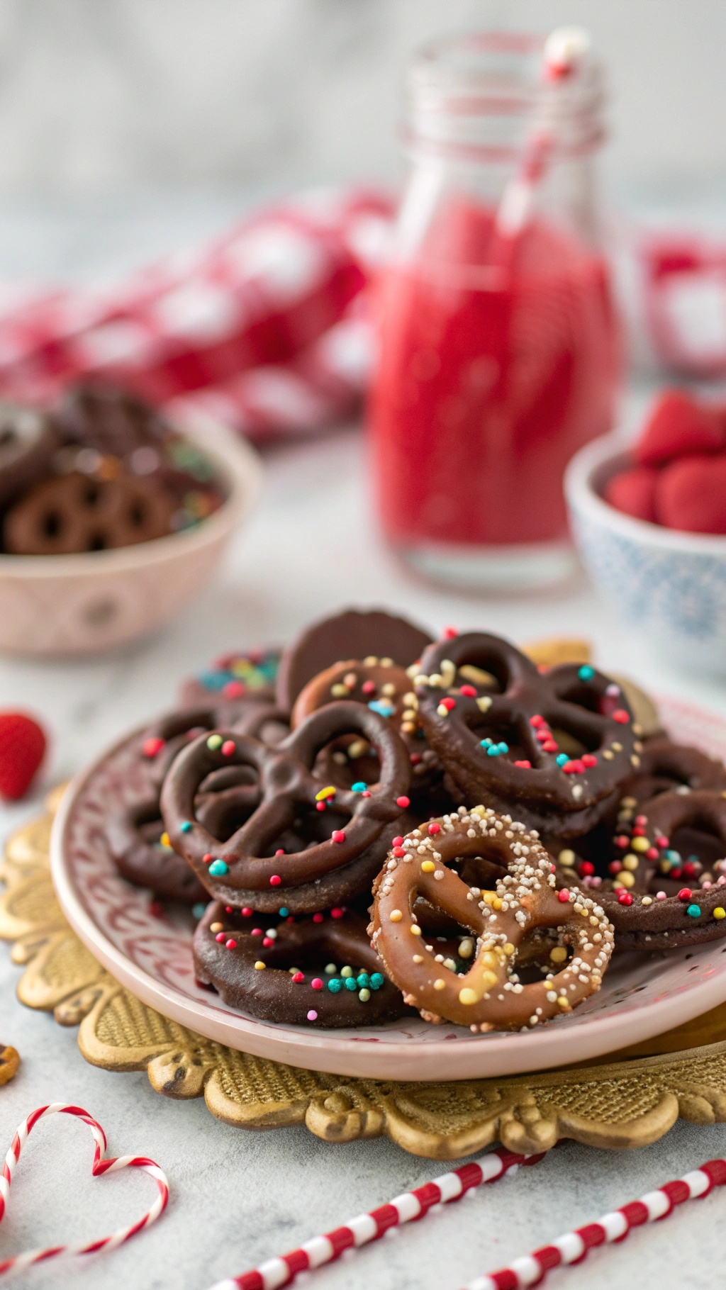 A plate of chocolate-covered pretzels decorated with colorful sprinkles, surrounded by festive elements.