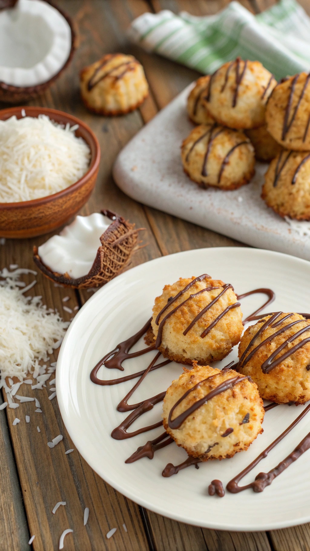 A plate of coconut macaroons drizzled with chocolate, surrounded by shredded coconut and a coconut shell.