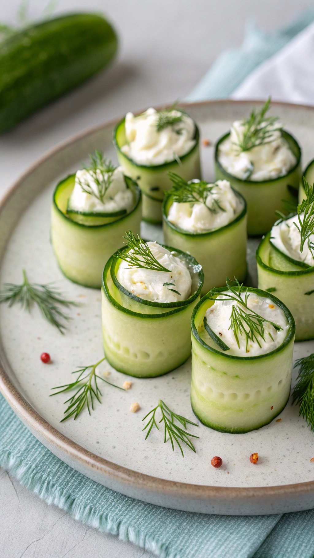 Cucumber and cream cheese roll-ups arranged on a plate, garnished with dill.