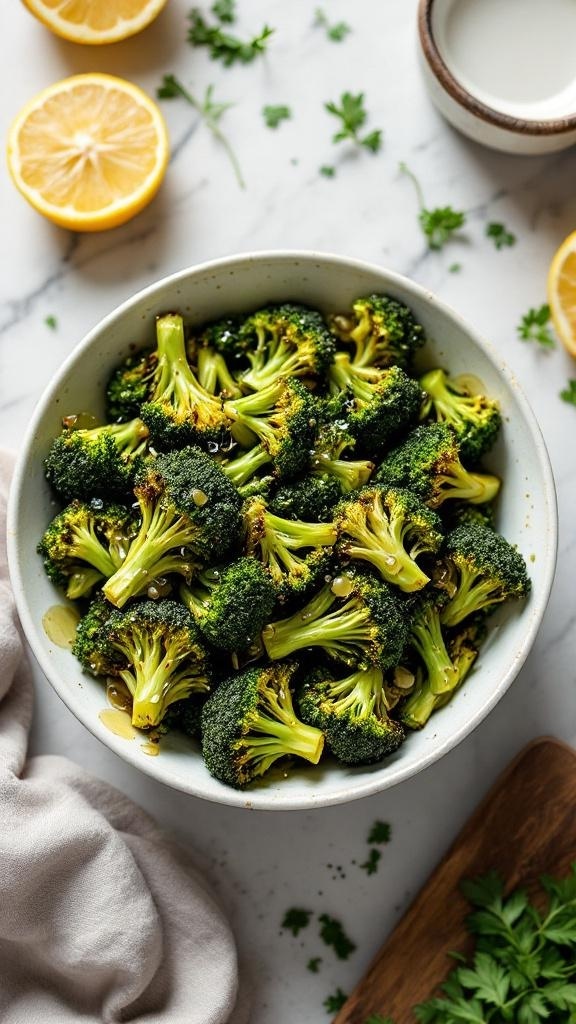 Bowl of garlic roasted broccoli with lemon slices and herbs