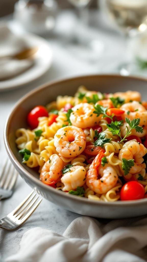 A bowl of garlic shrimp pasta salad with cherry tomatoes and parsley.