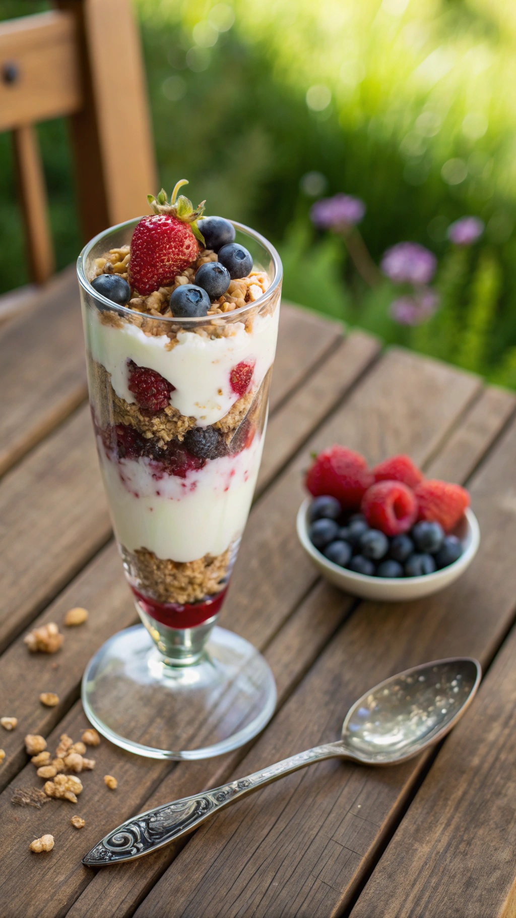 A Greek yogurt and berry parfait in a tall glass, layered with yogurt, strawberries, blueberries, and granola.