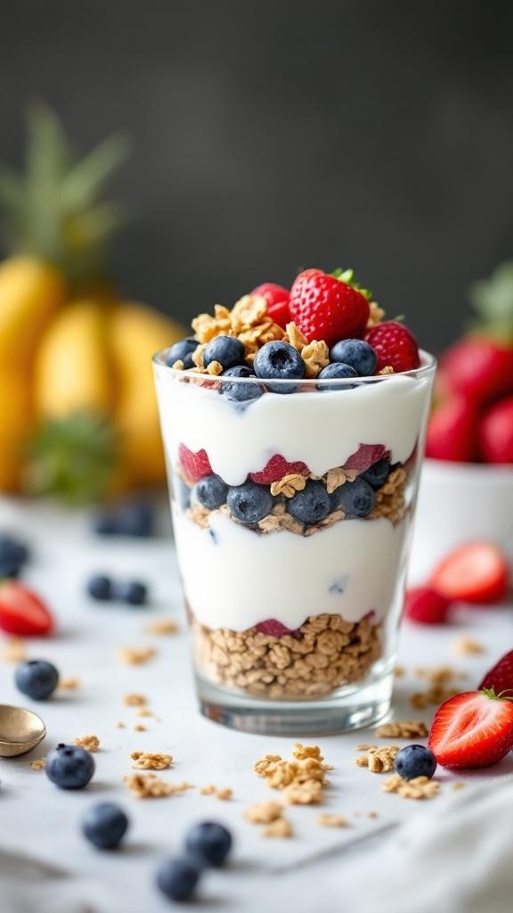 A colorful Greek yogurt and fruit parfait with layers of yogurt, granola, and mixed berries in a clear glass.