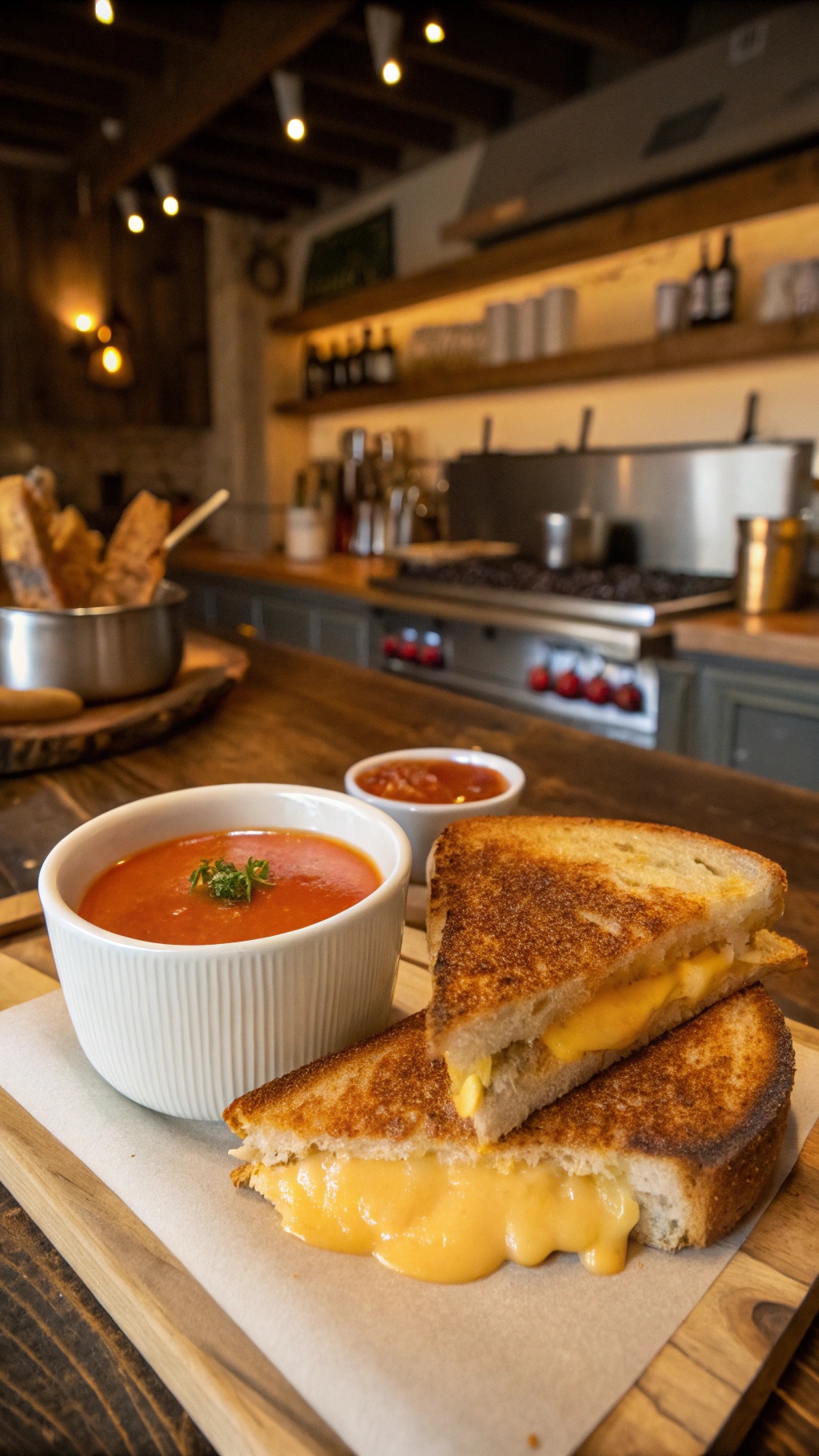 A grilled cheese sandwich with melted cheese and a bowl of tomato soup.