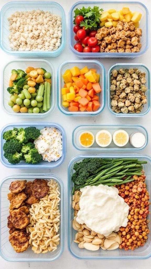 Meal prep containers filled with colorful ingredients, labeled for easy identification.