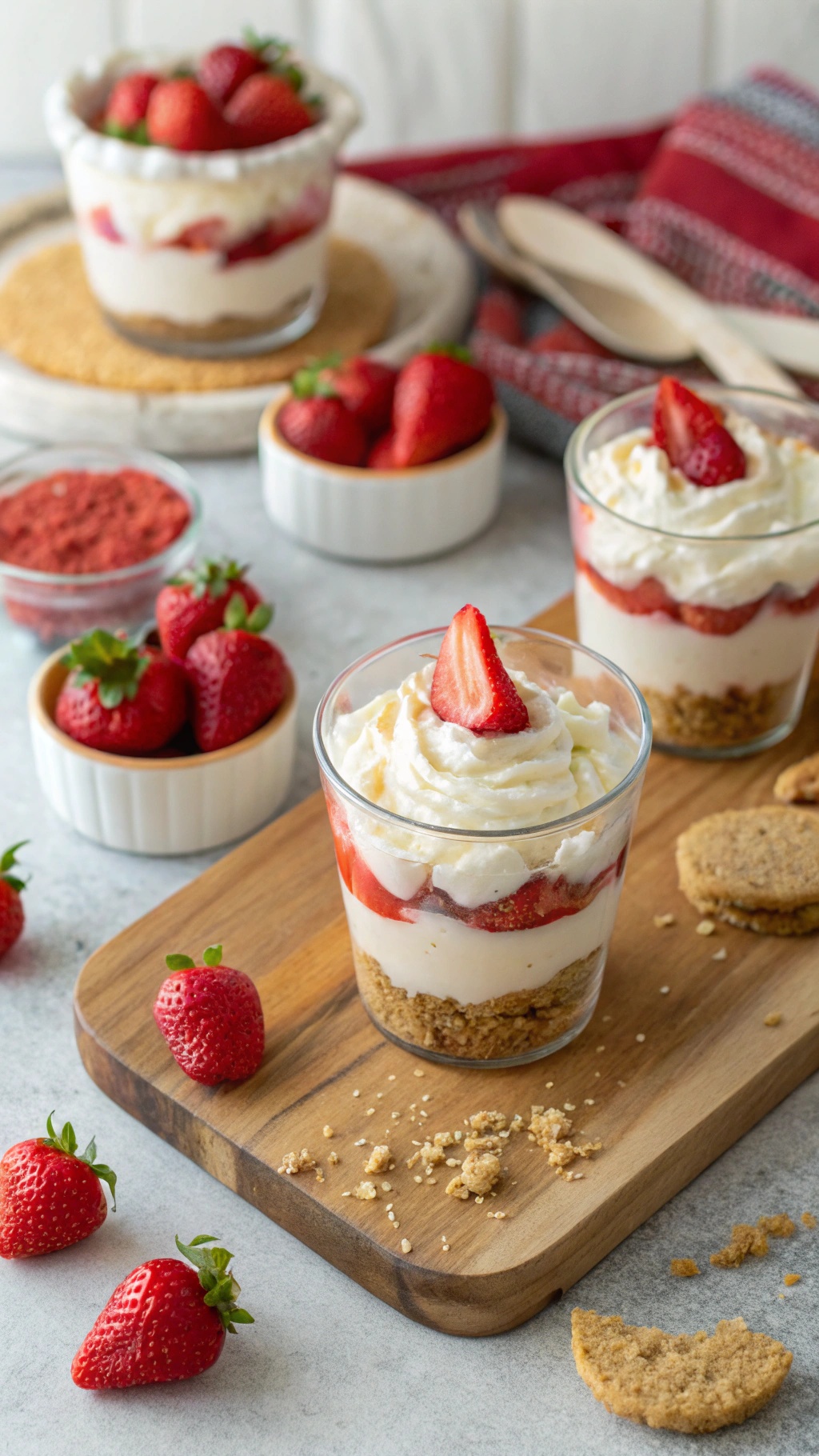 No-bake strawberry cheesecake cups with layers of cheesecake filling, strawberries, and graham cracker crust.