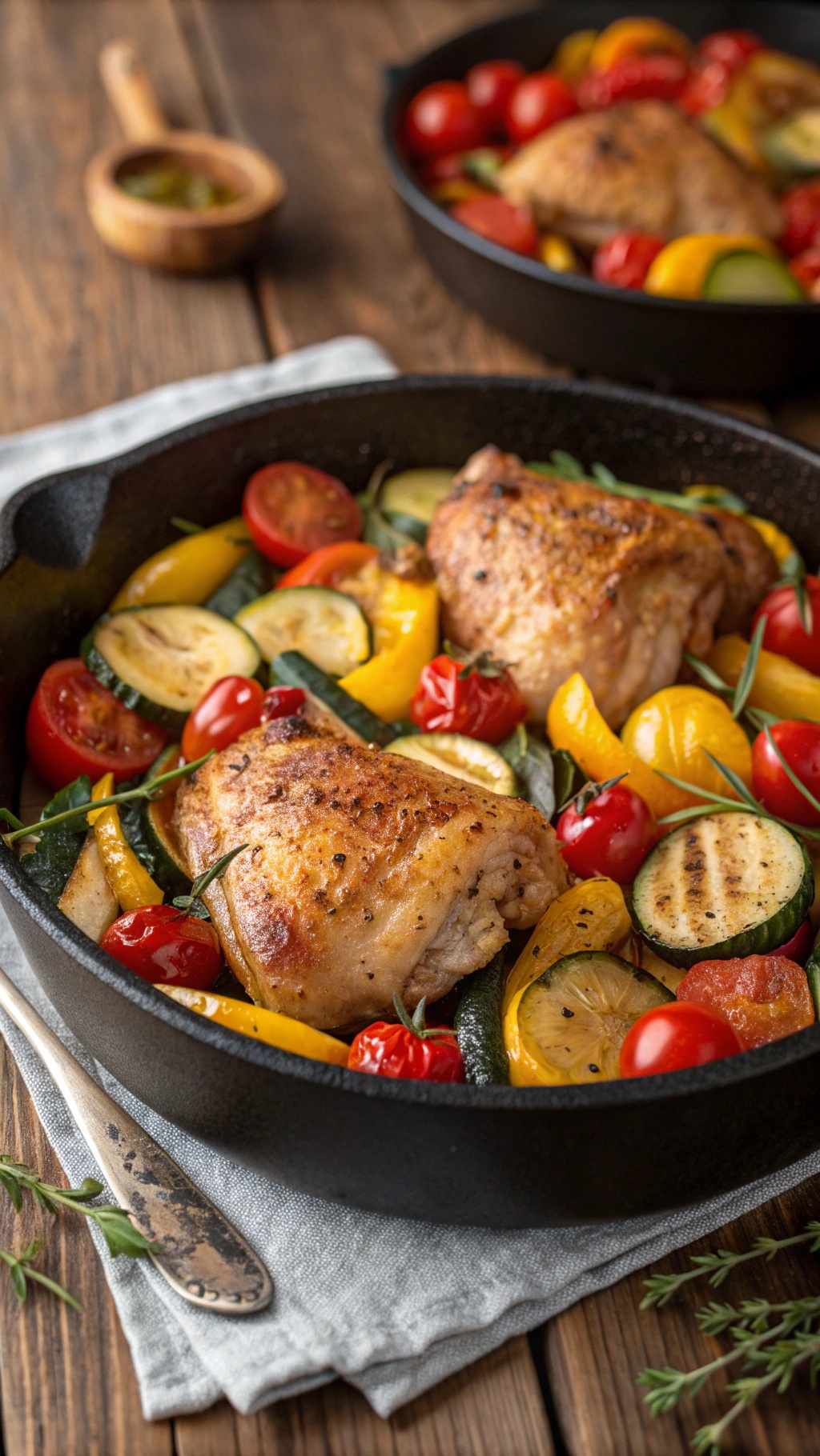 A one-pan dish featuring chicken thighs and colorful vegetables like zucchini, bell peppers, and cherry tomatoes.