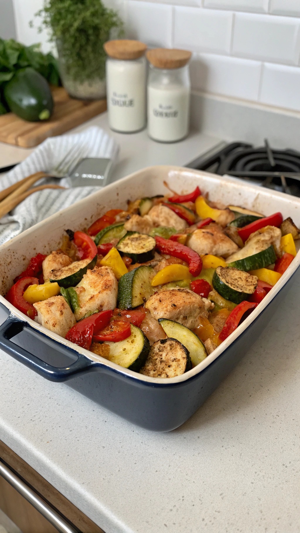A baked chicken and vegetable casserole in a dish, featuring colorful bell peppers and zucchini.