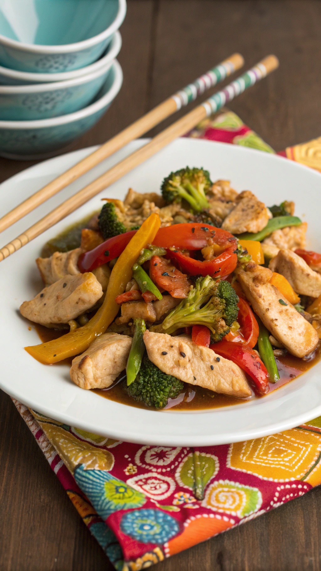 A colorful plate of chicken stir-fry with broccoli, bell peppers, and snap peas.