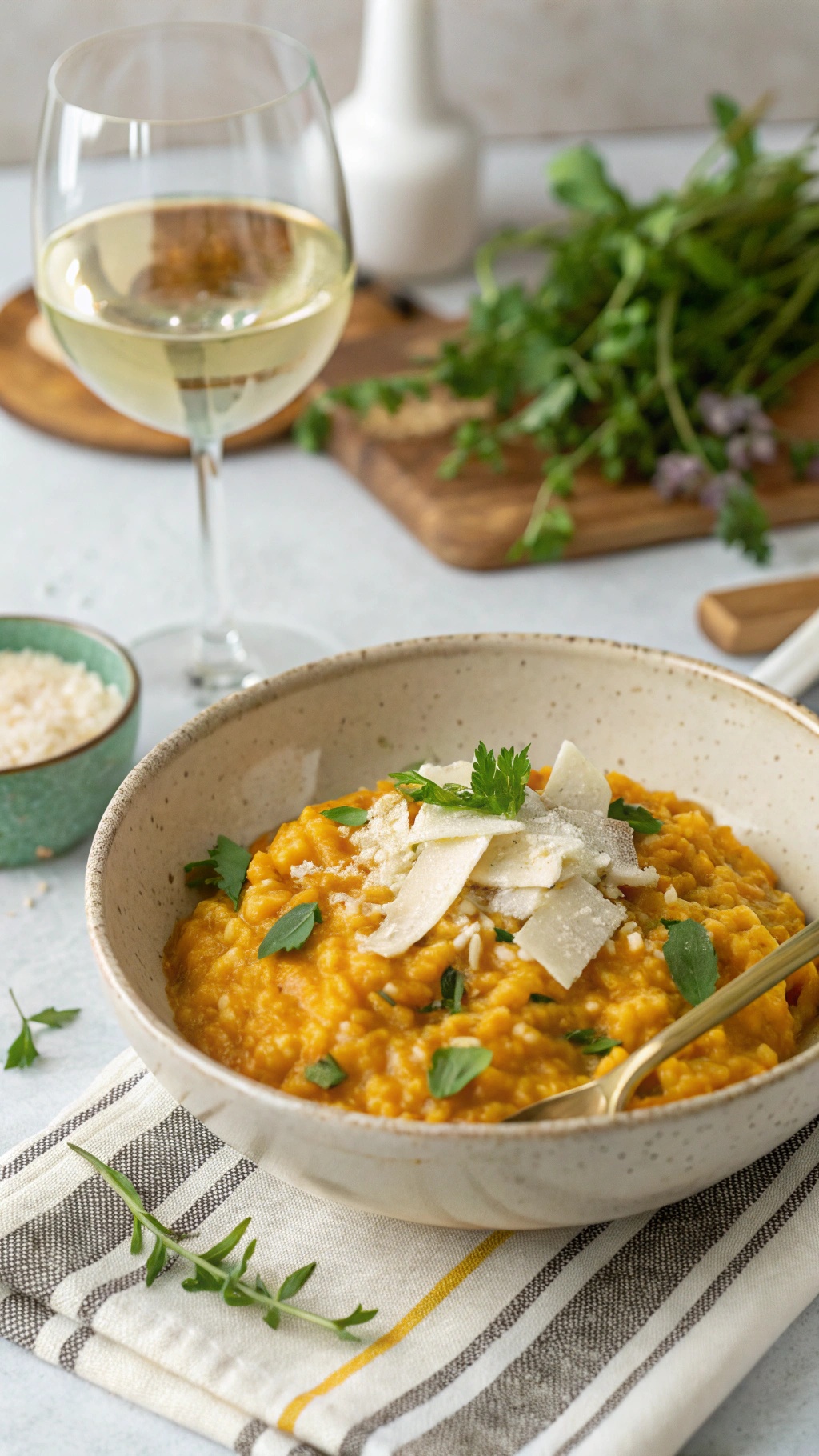 A bowl of pumpkin risotto topped with herbs and cheese, with a glass of white wine in the background.