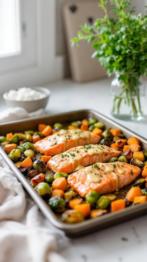 Sheet pan with salmon fillets and colorful vegetables, garnished with parsley.