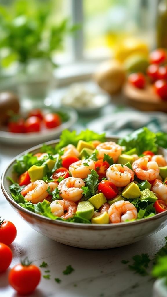 A colorful shrimp avocado salad with cherry tomatoes and mixed greens in a bowl.