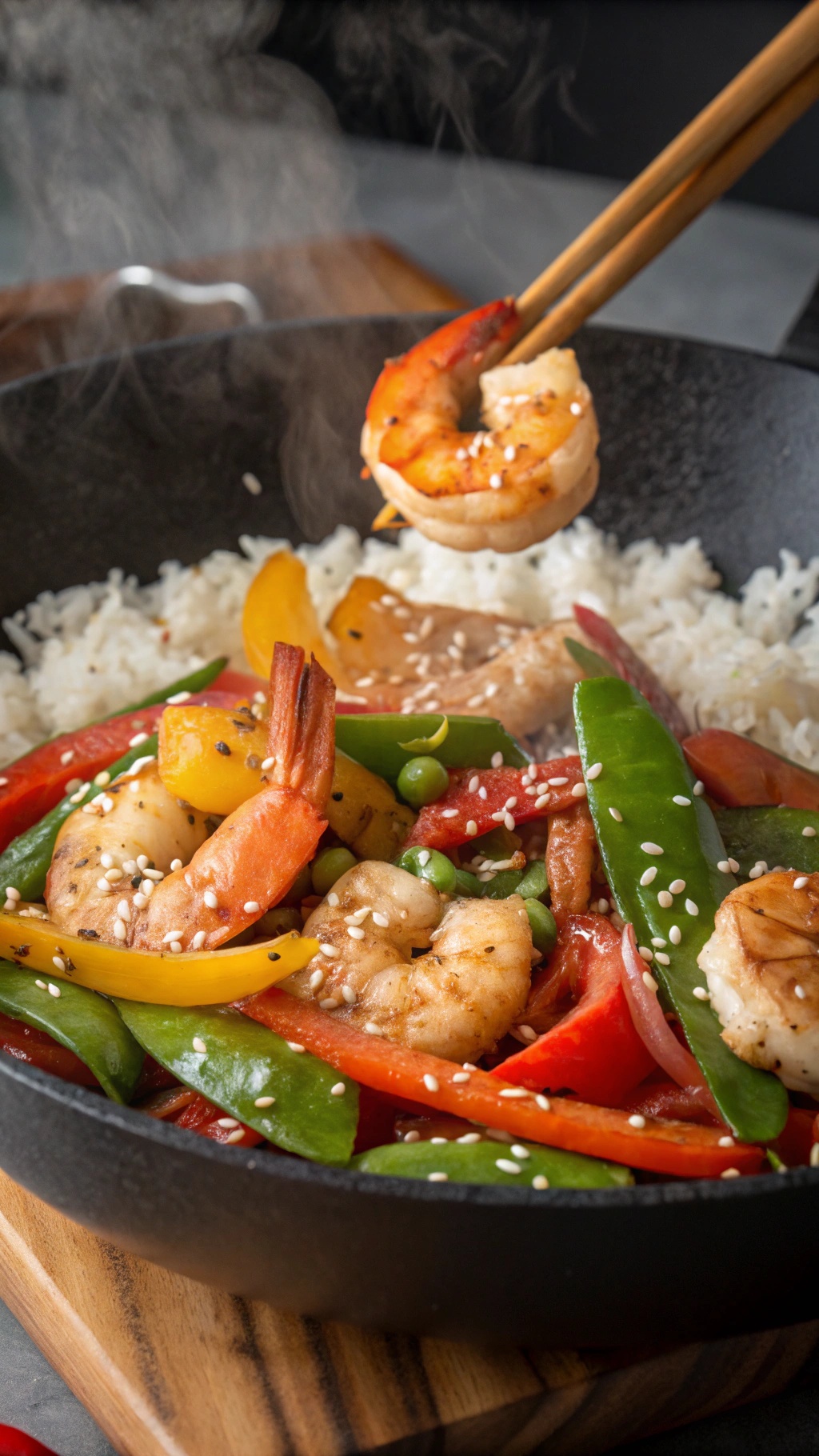 A colorful shrimp stir-fry with bell peppers and snap peas in a black skillet.