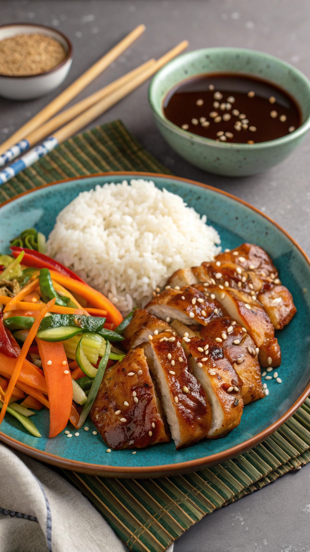 A plate of teriyaki chicken with rice and stir-fried vegetables, garnished with sesame seeds.