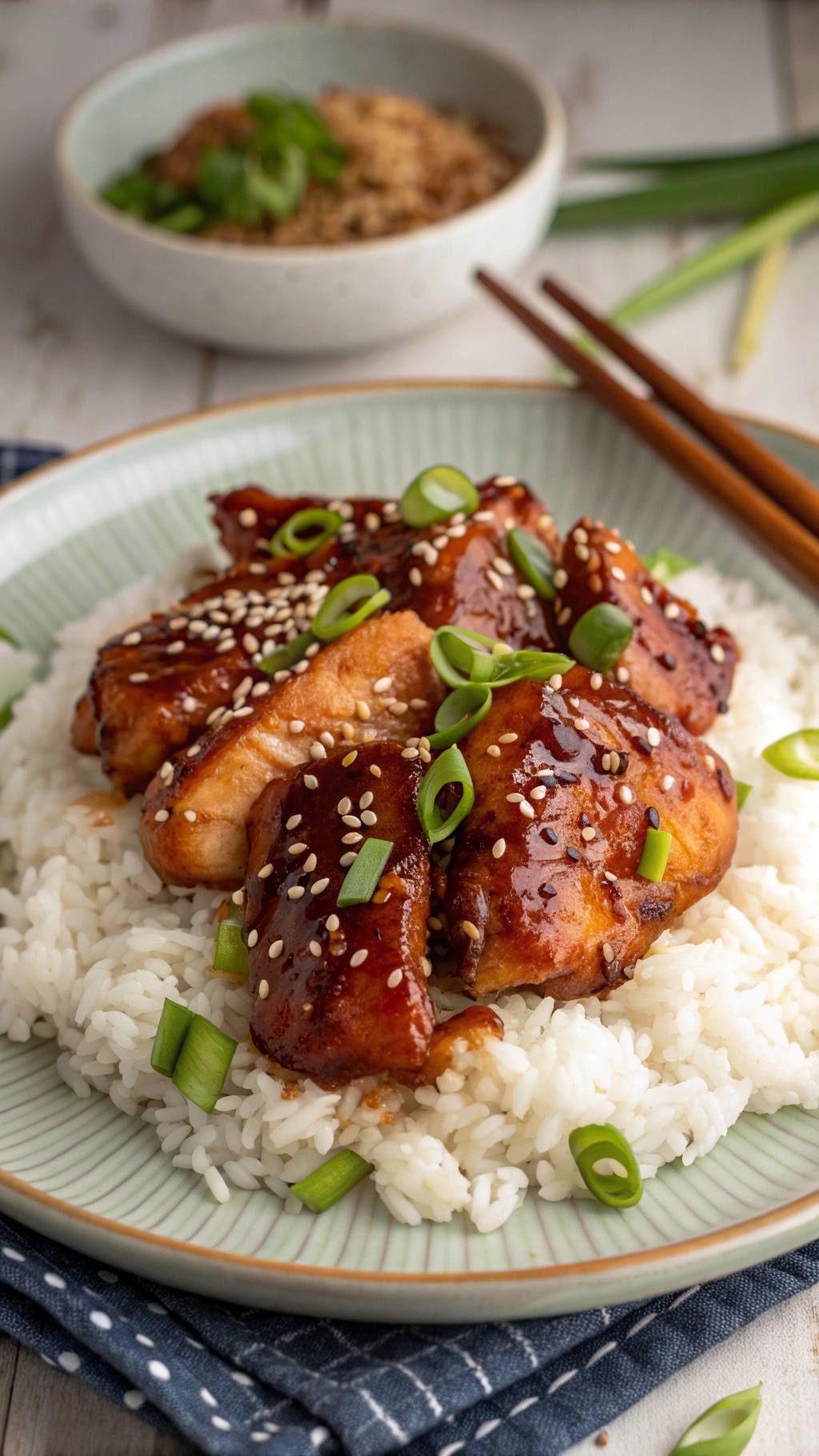 A plate of teriyaki chicken served over rice, garnished with sesame seeds and green onions.
