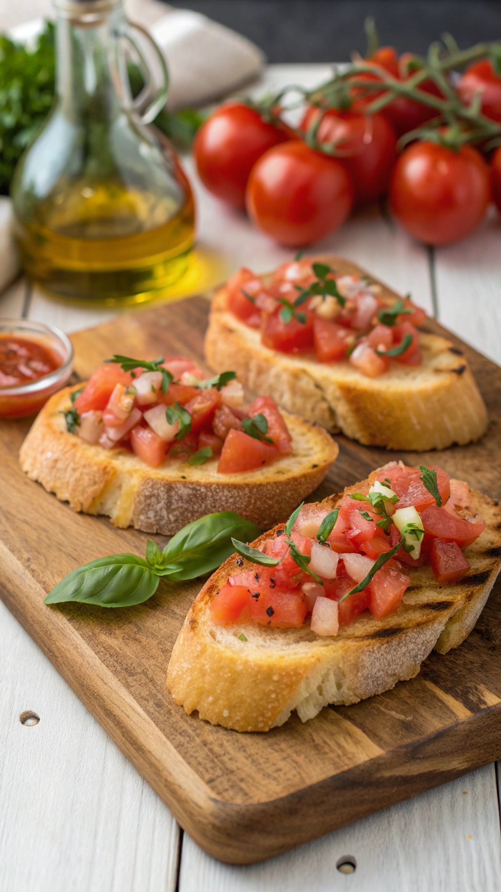 Tomato and basil bruschetta on toasted bread with fresh ingredients