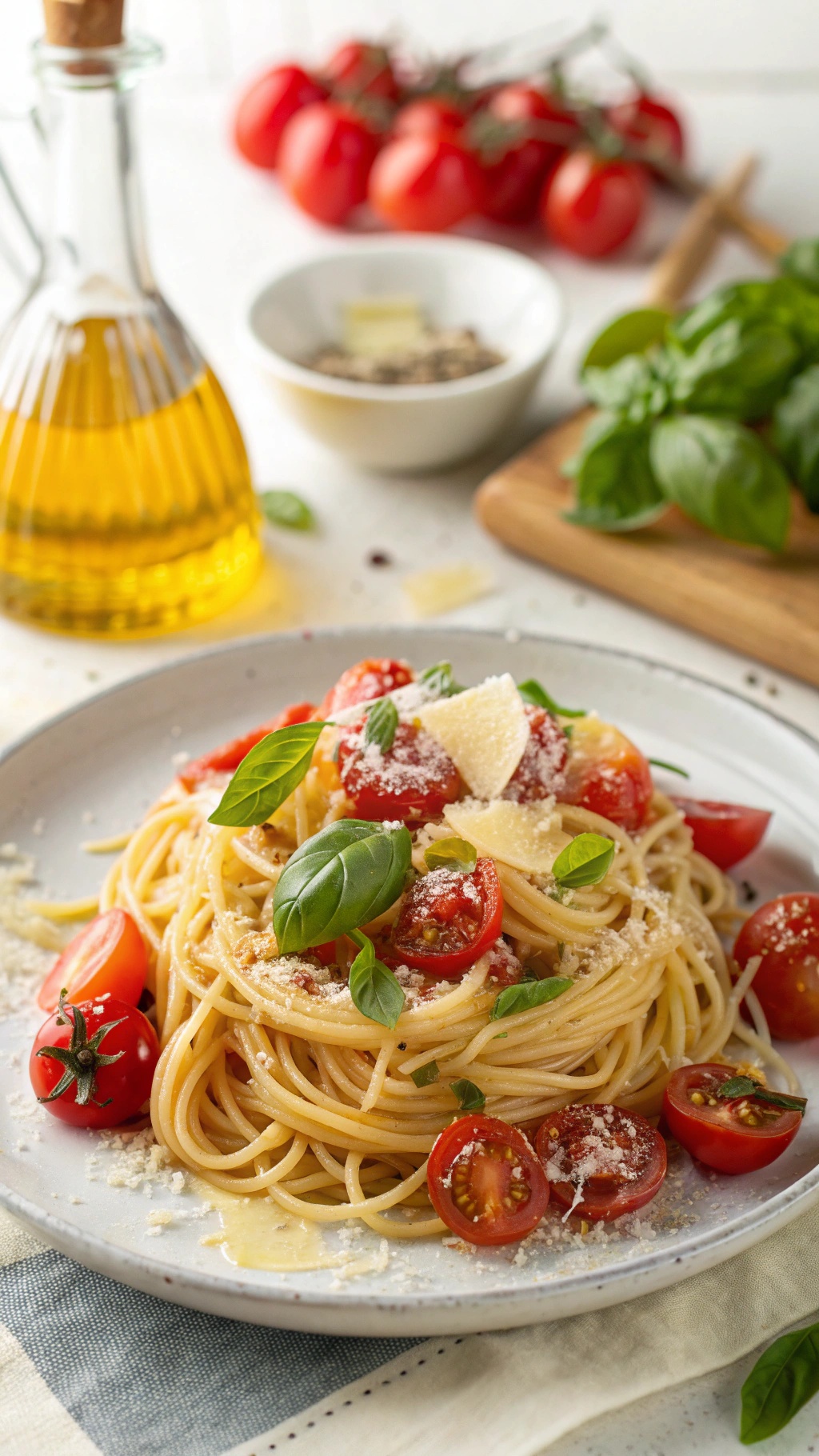 A plate of simple tomato basil pasta with cherry tomatoes and fresh basil, garnished with parmesan cheese.