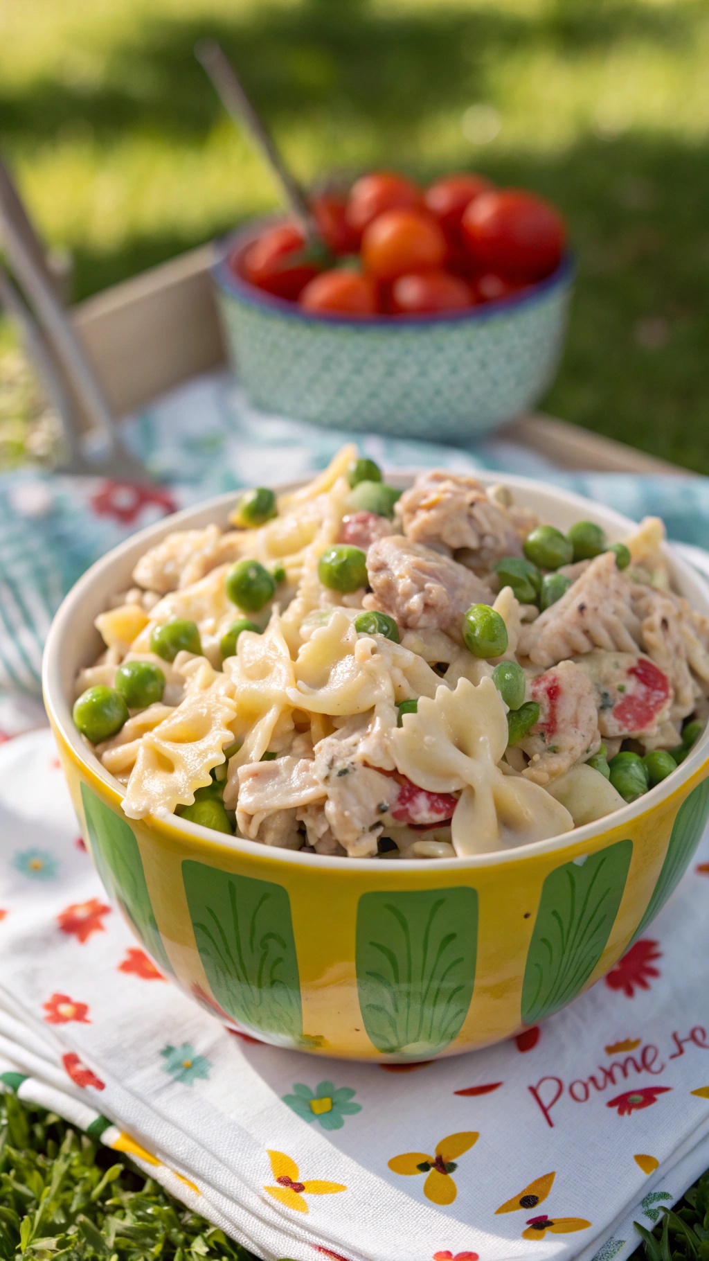 A colorful bowl of tuna pasta salad with bowtie pasta, green peas, and cherry tomatoes, set on a floral napkin.
