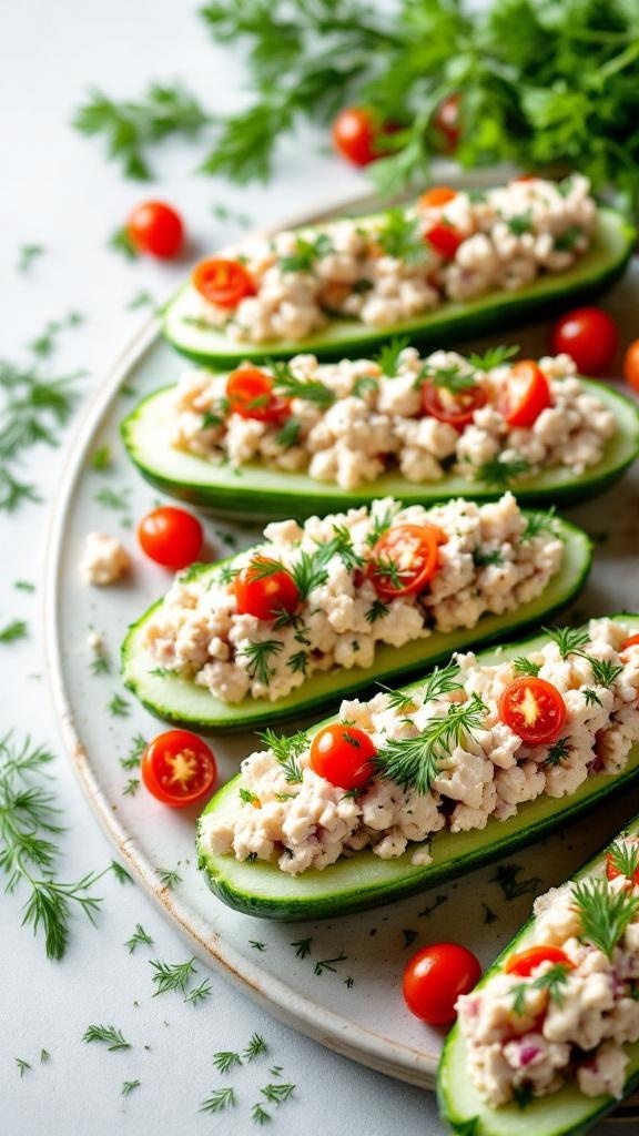 Tuna salad cucumber boats filled with tuna salad and garnished with cherry tomatoes and fresh dill.