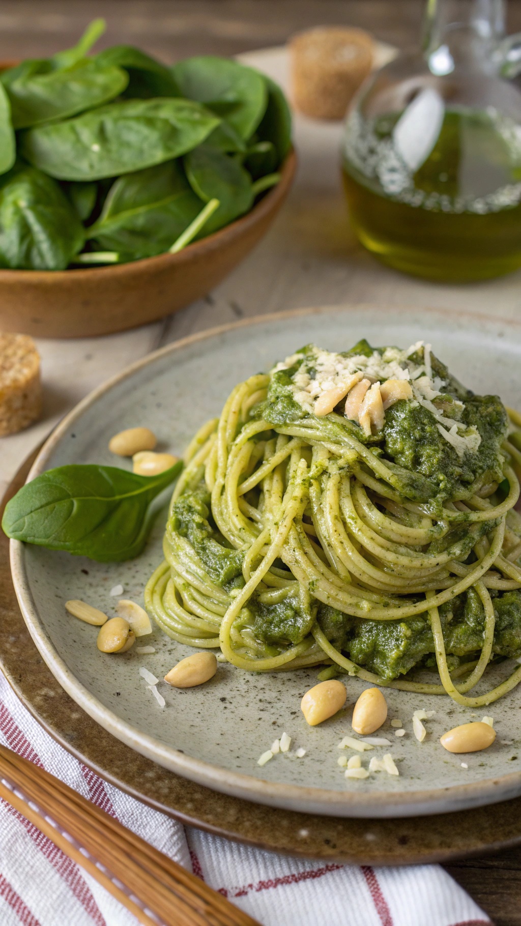 A plate of whole wheat spaghetti topped with spinach pesto, pine nuts, and a side of fresh spinach.