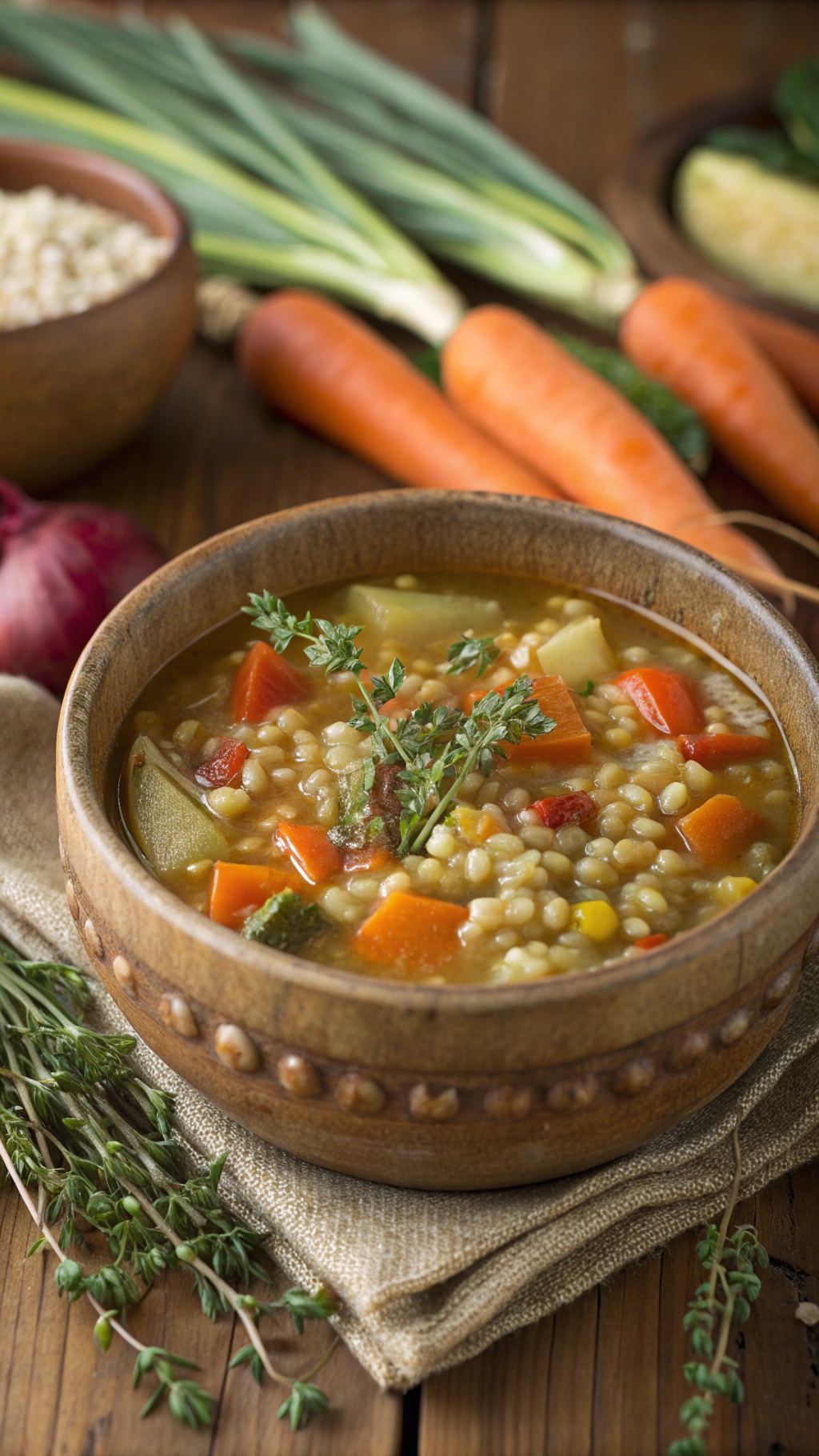 A bowl of vegetable barley soup surrounded by fresh vegetables like carrots and green onions.