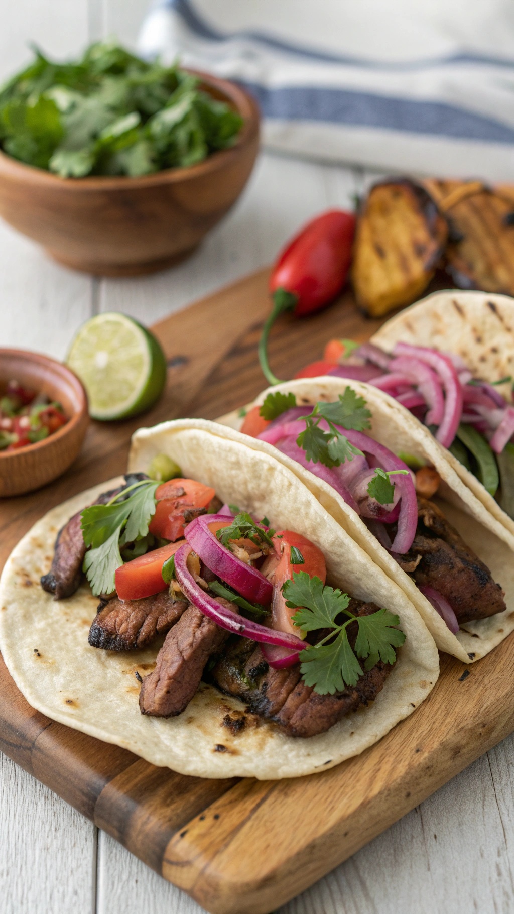 Grilled steak tacos with toppings on a wooden board
