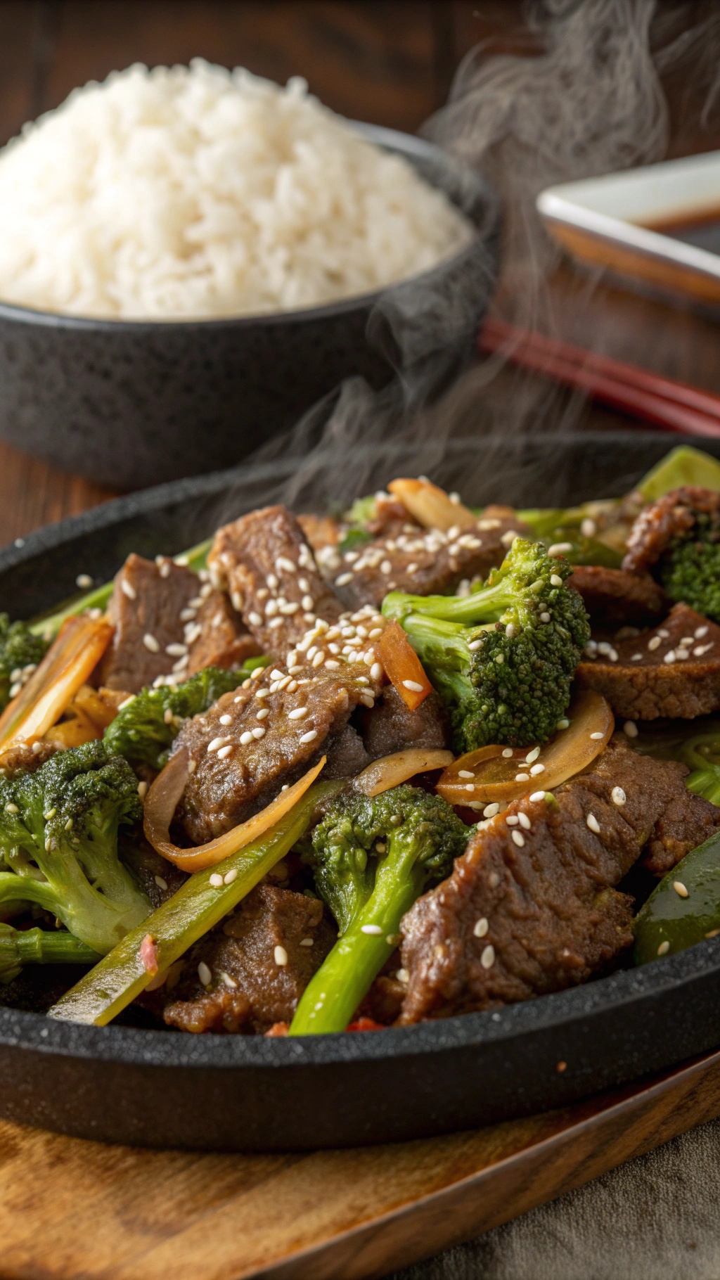 A sizzling beef and broccoli stir-fry served with rice